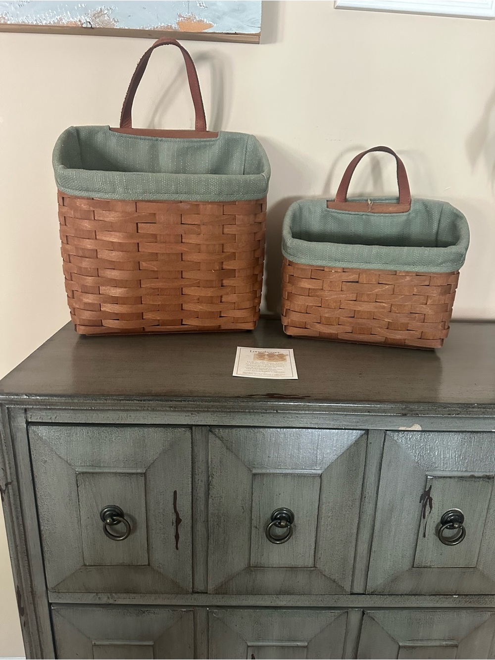 Longaberger Woven Wall Storage Baskets with Sage Fabric Lining - Set of 2